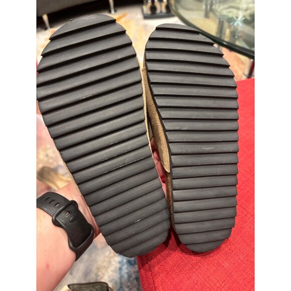 Tan Double Buckle Slide Sandals Faux Suede Upper Contoured Footbed Shoes Sz 3 - Picture 3 of 4